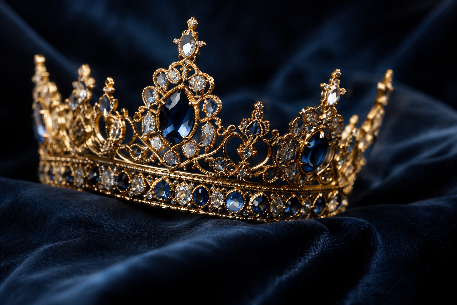 Une tiare d'or sertie de saphirs et de diamants sur velours bleu nuit
