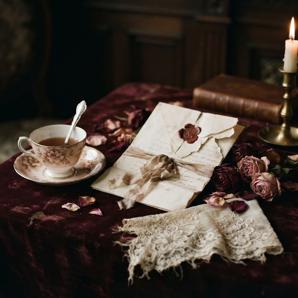 Nature morte Régence : une lettre d'amour au sceau de cire brisé, des roses séchées et une tasse de porcelaine.