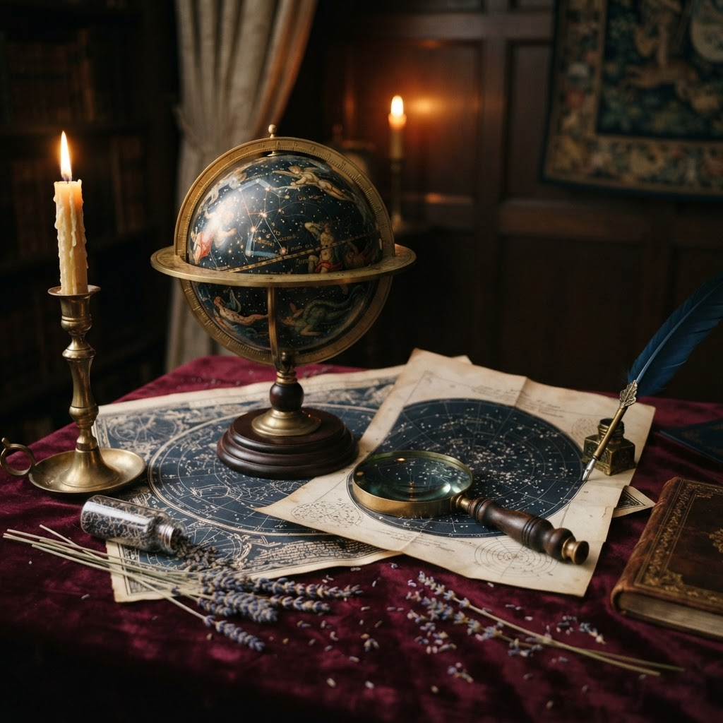 Nature morte Régence : un globe céleste en laiton, des cartes du ciel sur parchemin et de la lavande séchée.