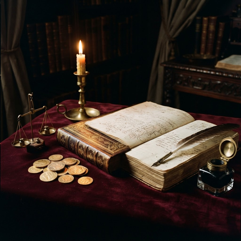 Nature morte Régence : un grand livre de comptes doré ouvert, des piles de pièces d'or et une plume.