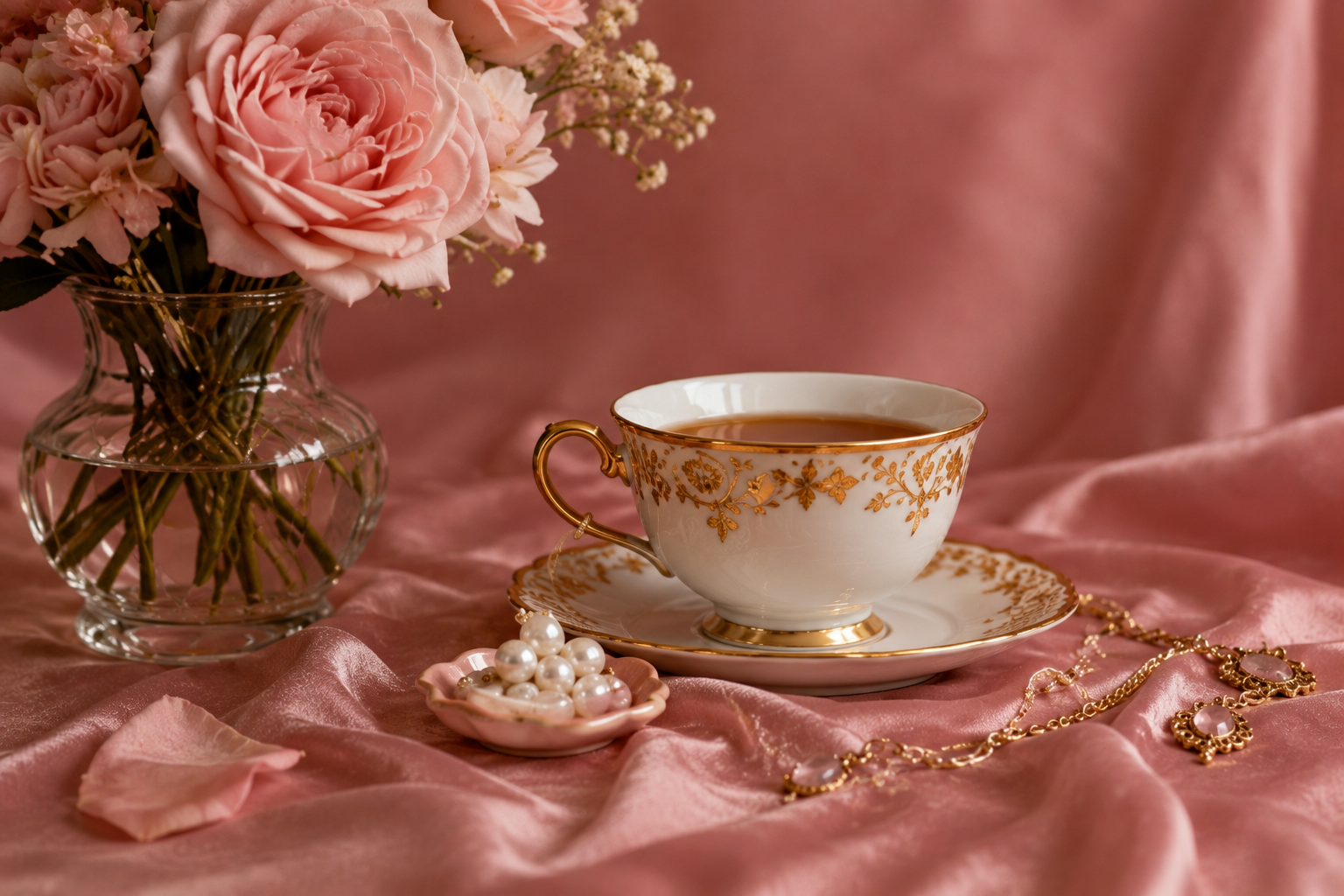 Une tasse de thé dorée, des roses et des perles sur soie rose